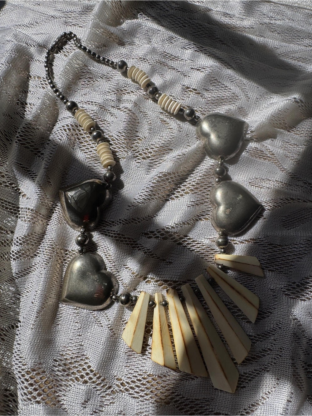 Heart Pendant Statement Necklace in Silver and Cream